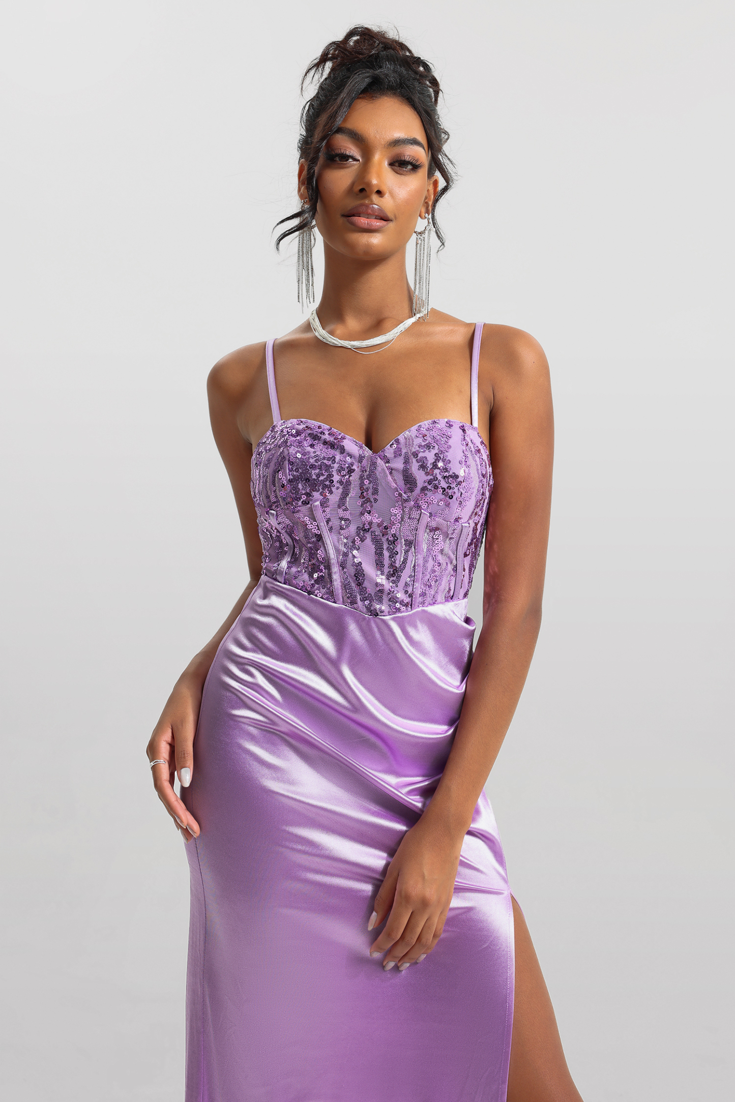 Sequin Satin Corset Split Midi Dress