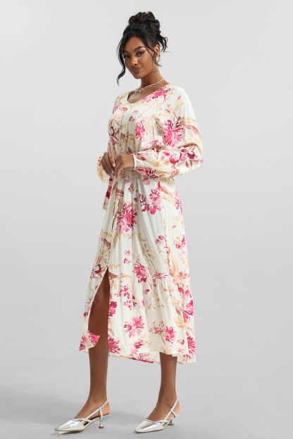 Floral V-Neck Long Sleeve Midi Dress With Belt