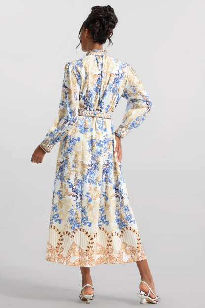 Paisley Print Long Sleeve Midi Dress With Belt