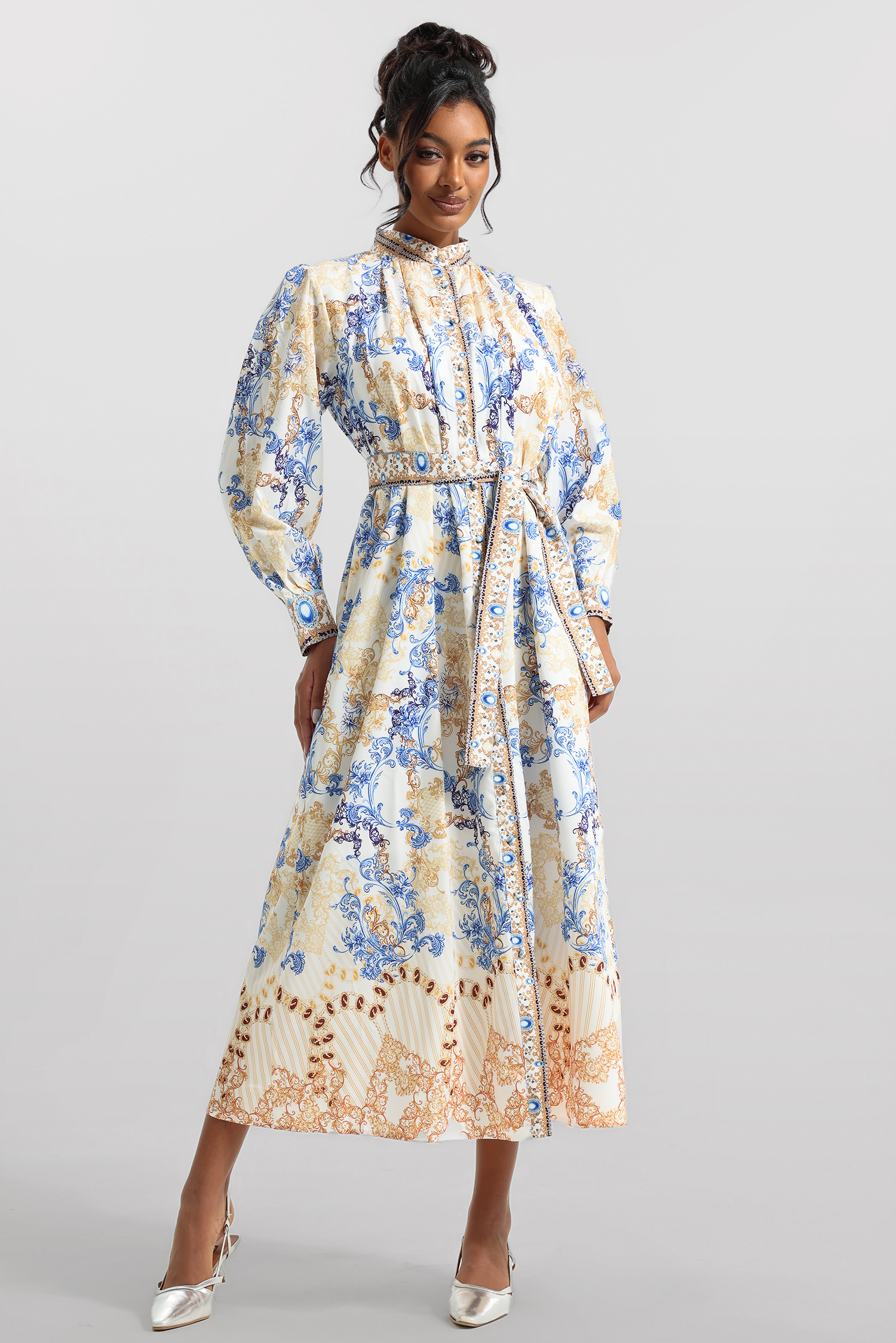 Paisley Print Long Sleeve Midi Dress With Belt
