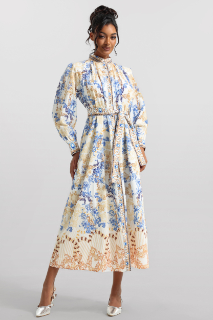 Paisley Print Long Sleeve Midi Dress With Belt