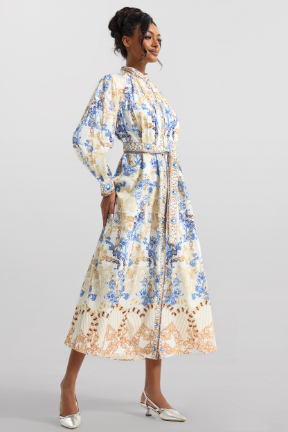 Paisley Print Long Sleeve Midi Dress With Belt