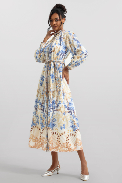 Paisley Print Long Sleeve Midi Dress With Belt