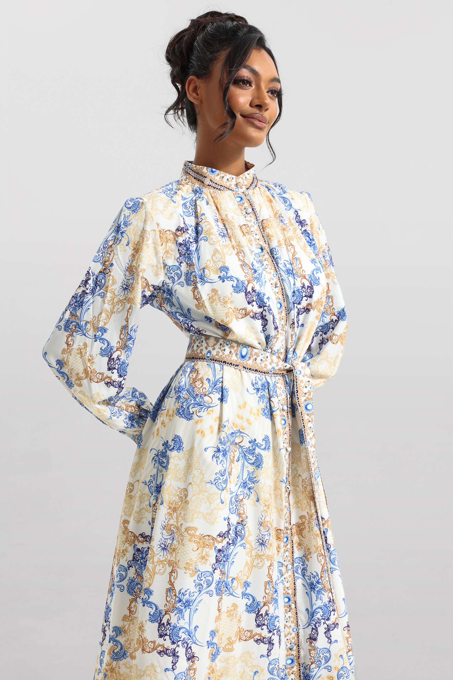 Paisley Print Long Sleeve Midi Dress With Belt