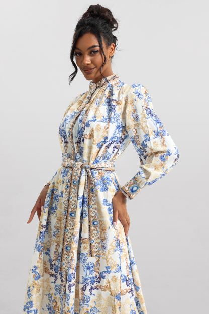 Paisley Print Long Sleeve Midi Dress With Belt