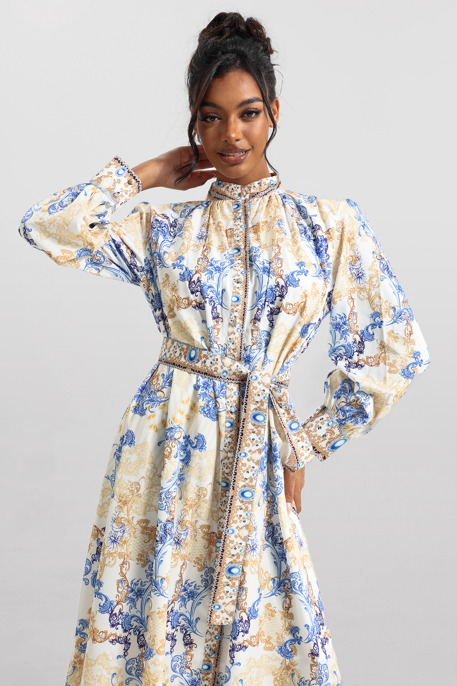 Paisley Print Long Sleeve Midi Dress With Belt