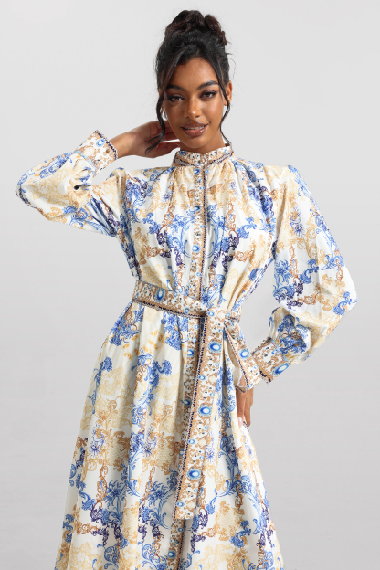 Paisley Print Long Sleeve Midi Dress With Belt