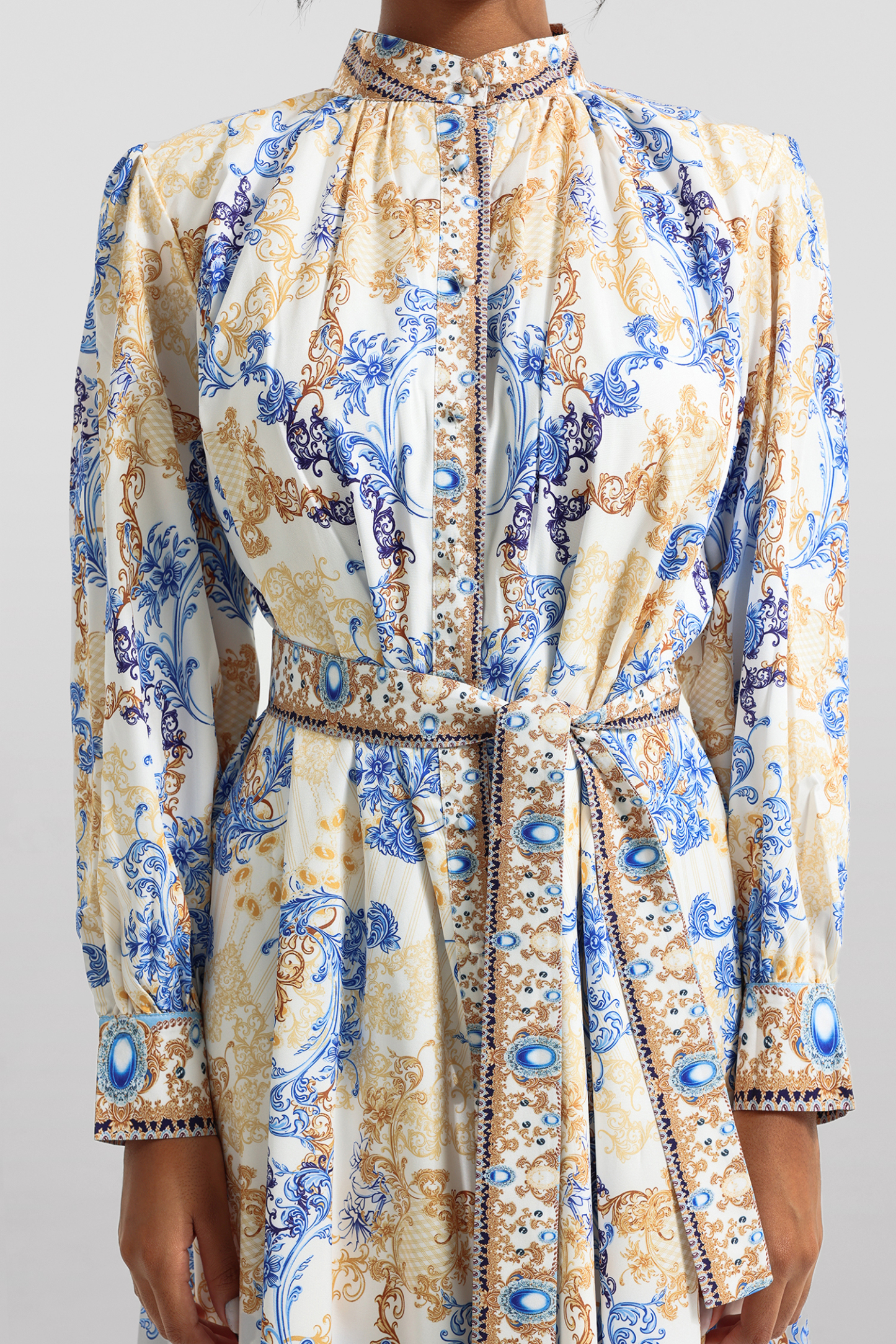 Paisley Print Long Sleeve Midi Dress With Belt