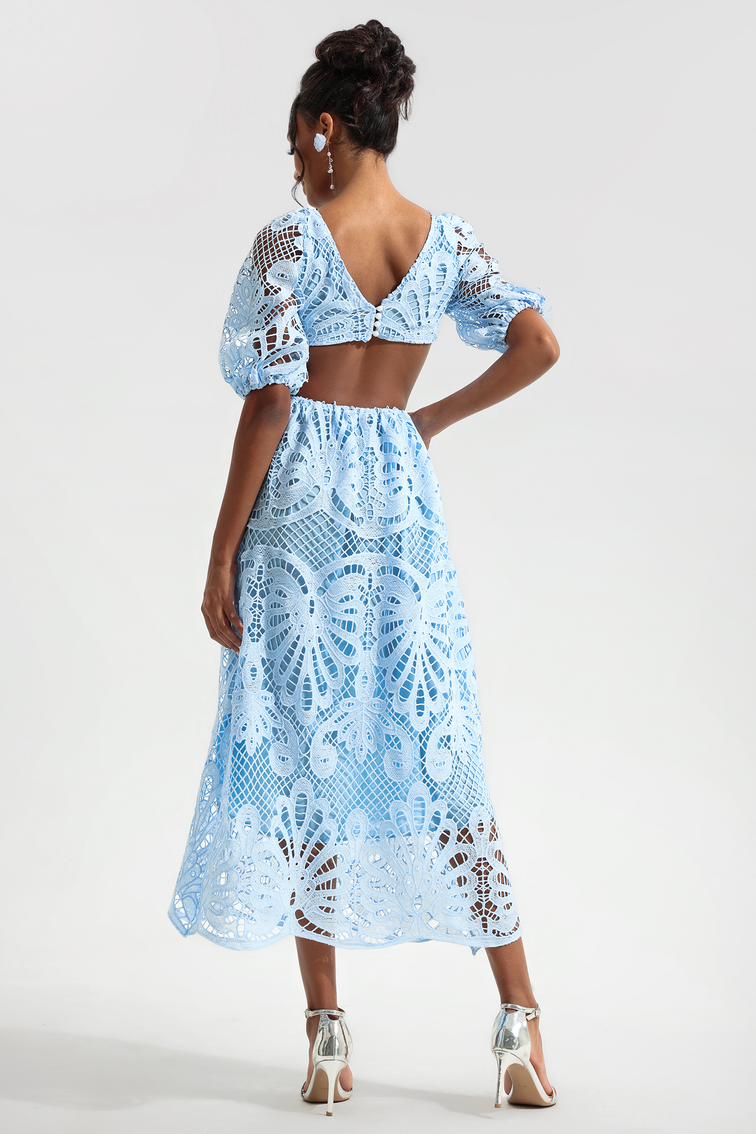 Lace V-Neck Cut-Out Midi Dress Blue