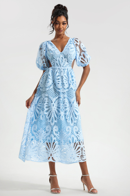Lace V-Neck Cut-Out Midi Dress Blue
