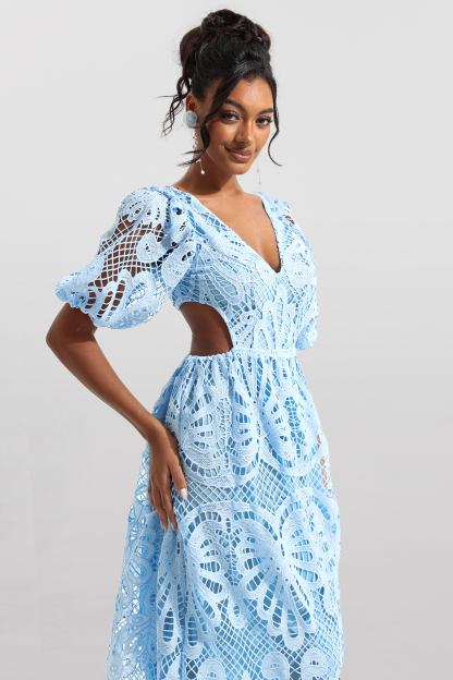 Lace V-Neck Cut-Out Midi Dress Blue