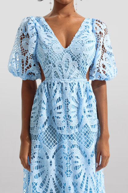 Lace V-Neck Cut-Out Midi Dress Blue