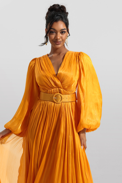 V-Neck Frill Long Sleeve Midi Dress