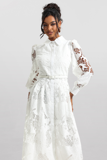 Lace Solid Lantern Sleeve Midi Dress With Belt