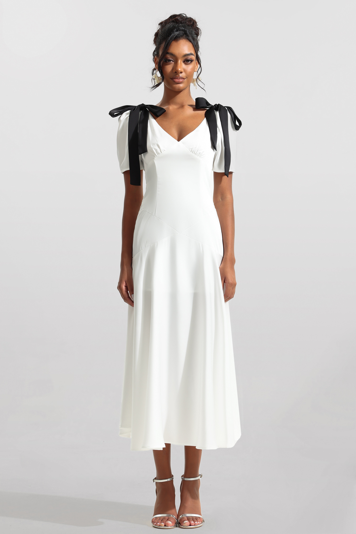 Contrast Color Bow Puff Sleeve Midi Dress
