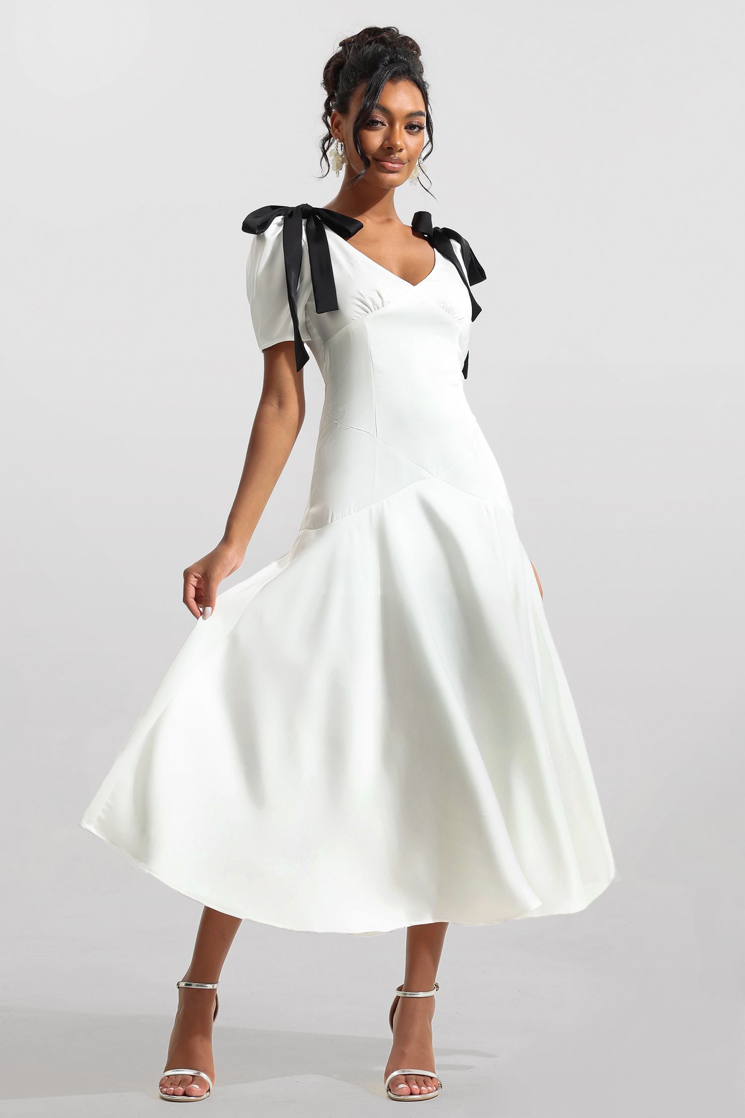 Contrast Color Bow Puff Sleeve Midi Dress