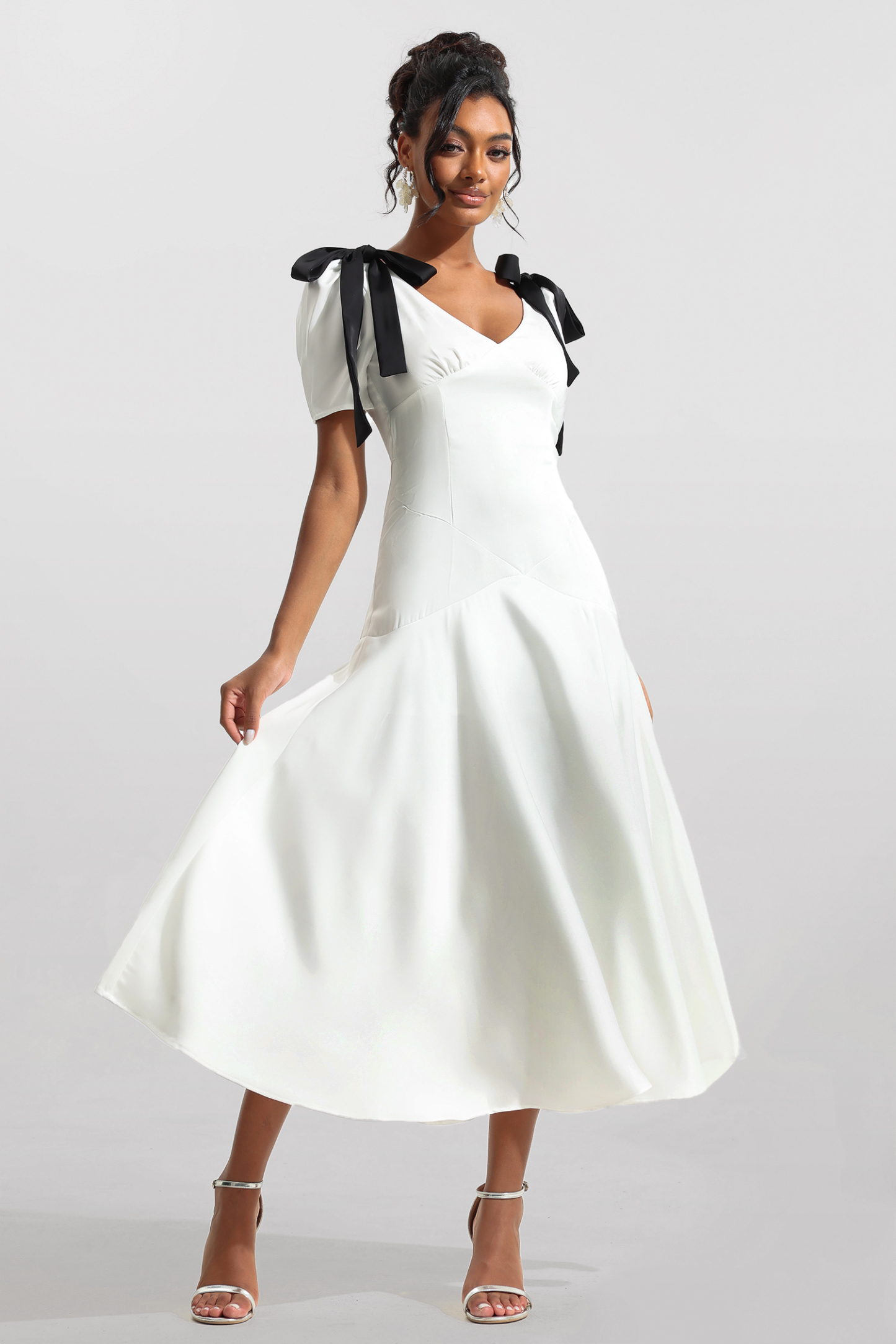 Contrast Color Bow Puff Sleeve Midi Dress