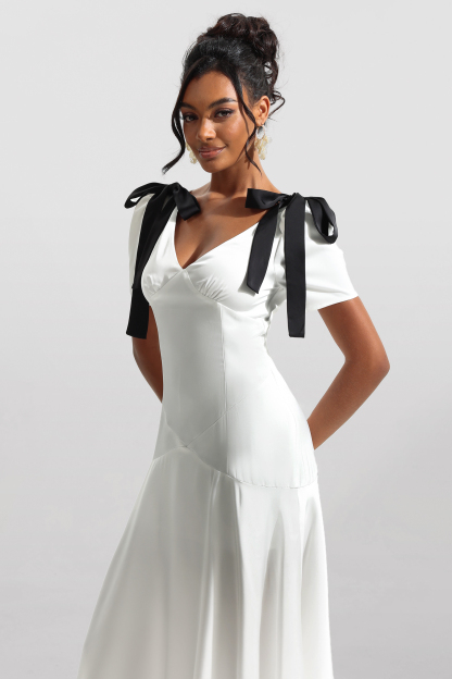 Contrast Color Bow Puff Sleeve Midi Dress