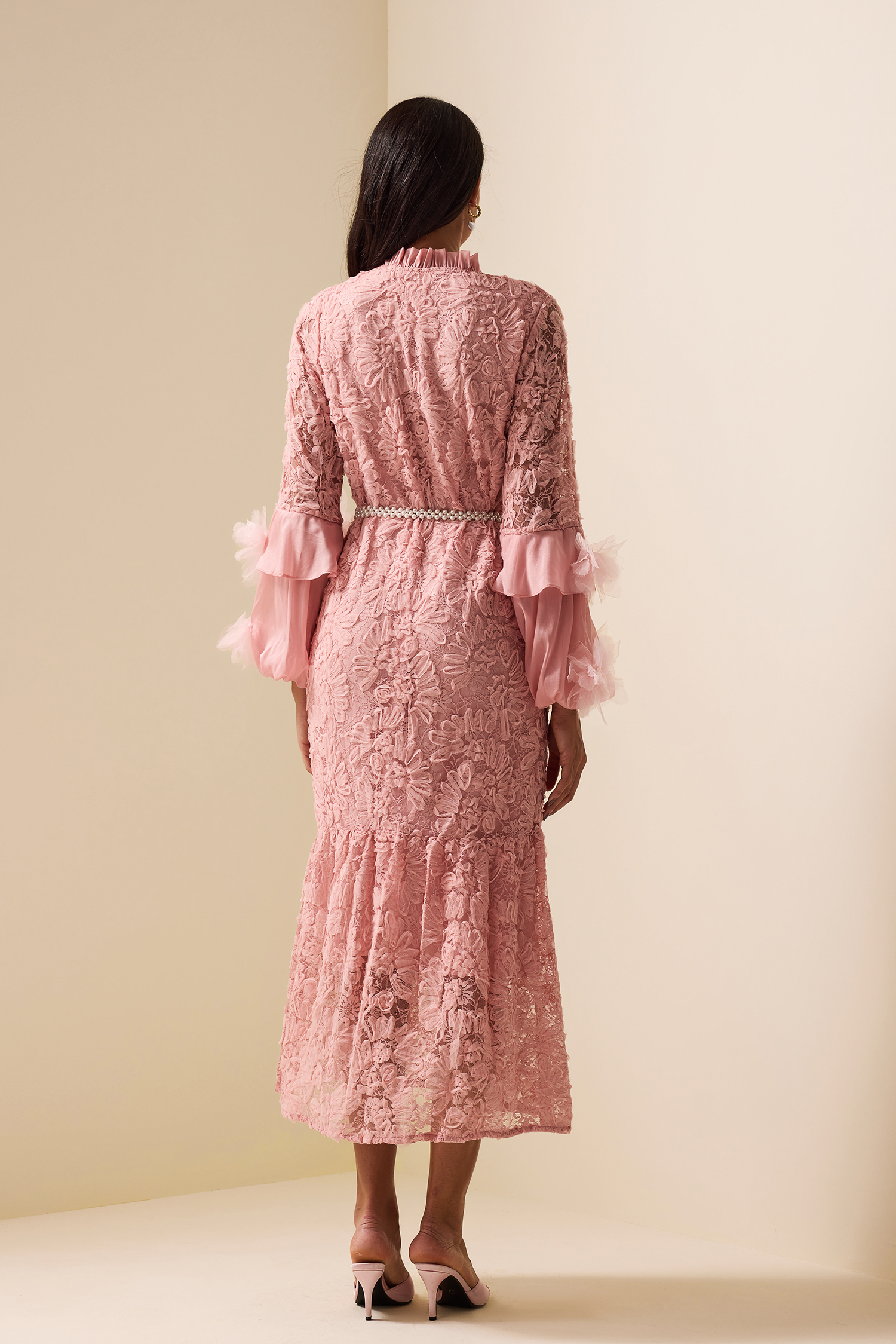 Embroidered Lace Up Long Sleeve Midi Dress