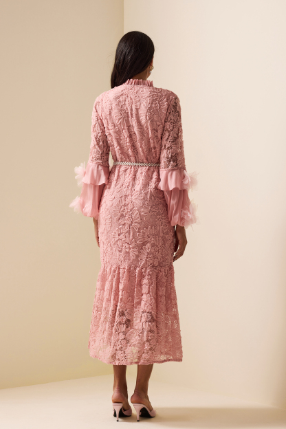 Embroidered Lace Up Long Sleeve Midi Dress