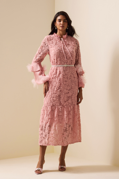 Embroidered Lace Up Long Sleeve Midi Dress