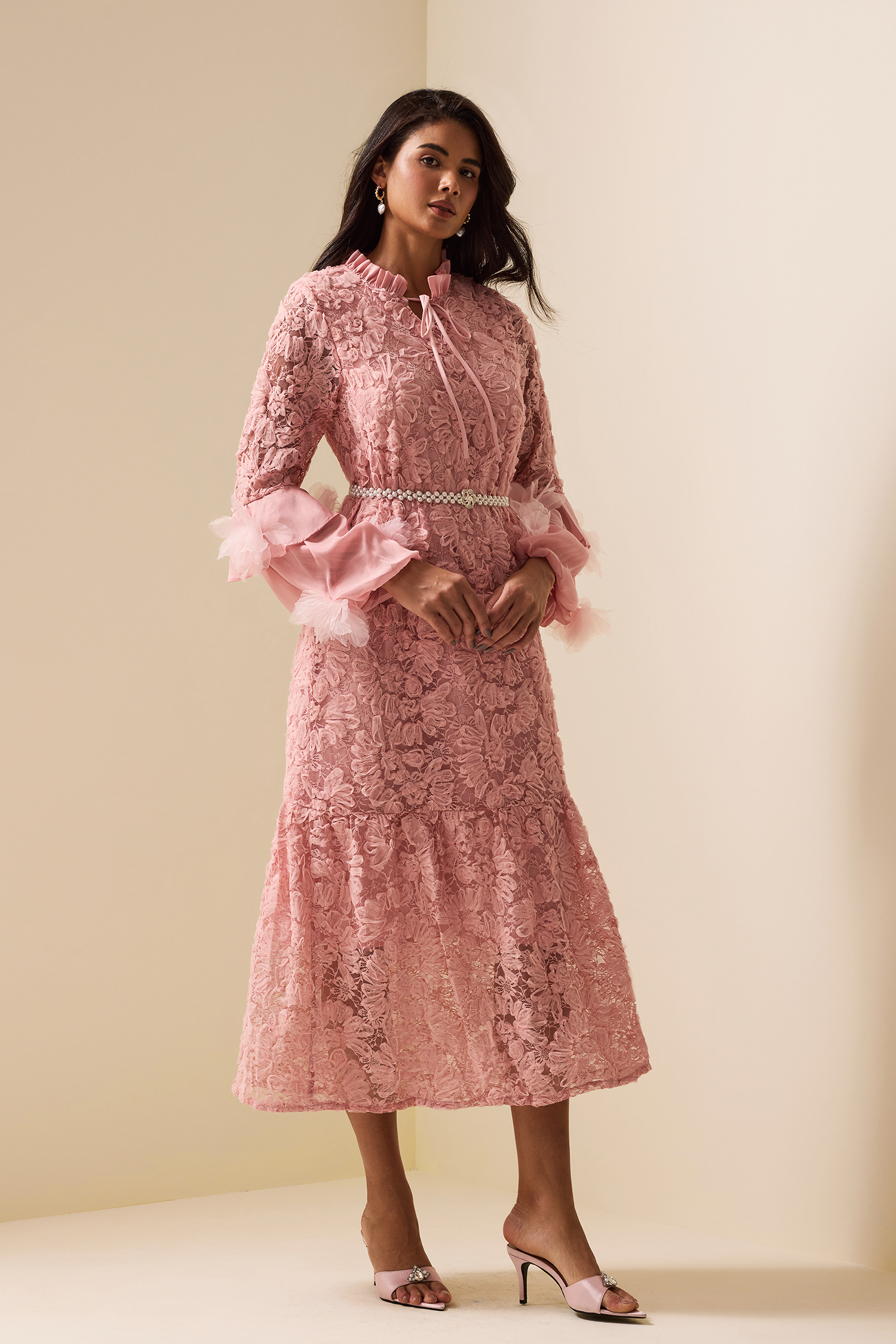Embroidered Lace Up Long Sleeve Midi Dress