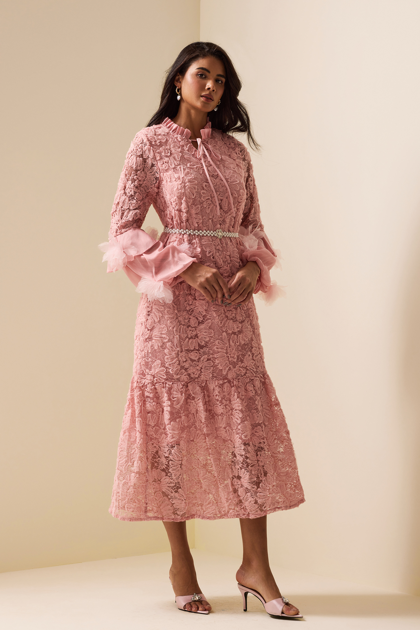 Embroidered Lace Up Long Sleeve Midi Dress