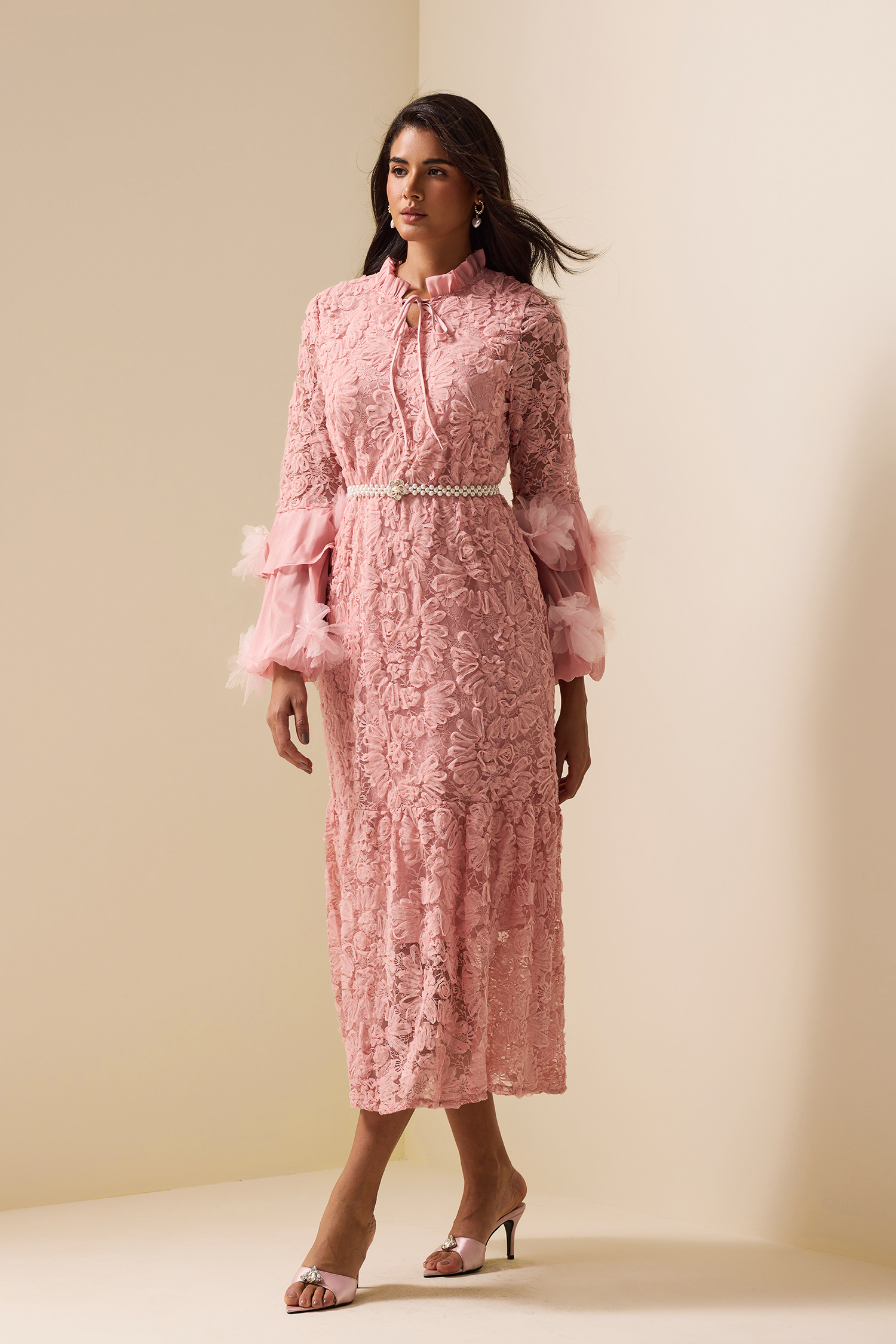 Embroidered Lace Up Long Sleeve Midi Dress