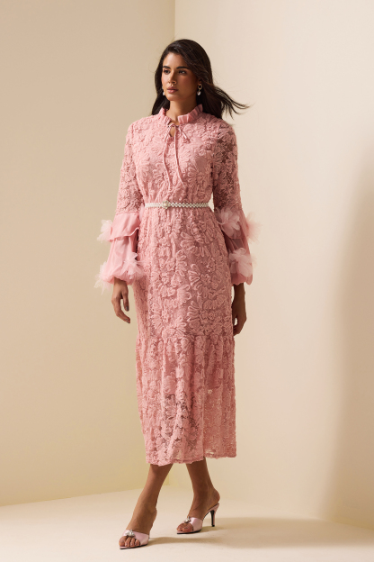 Embroidered Lace Up Long Sleeve Midi Dress