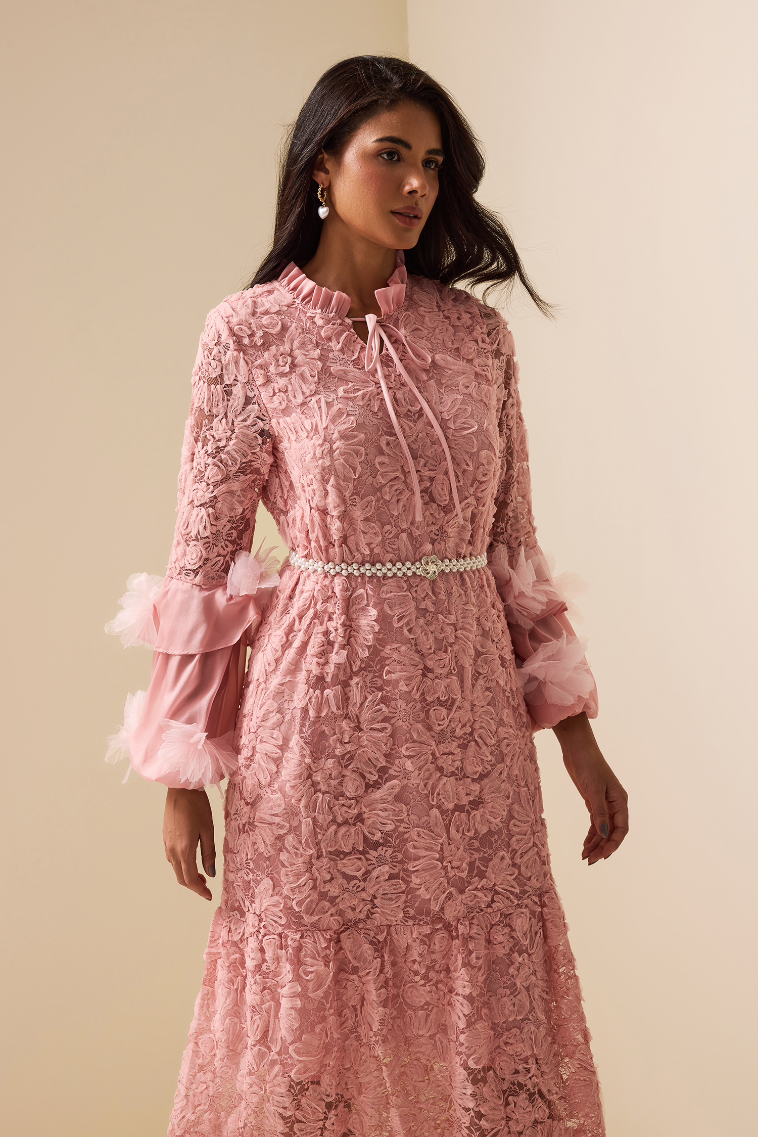 Embroidered Lace Up Long Sleeve Midi Dress