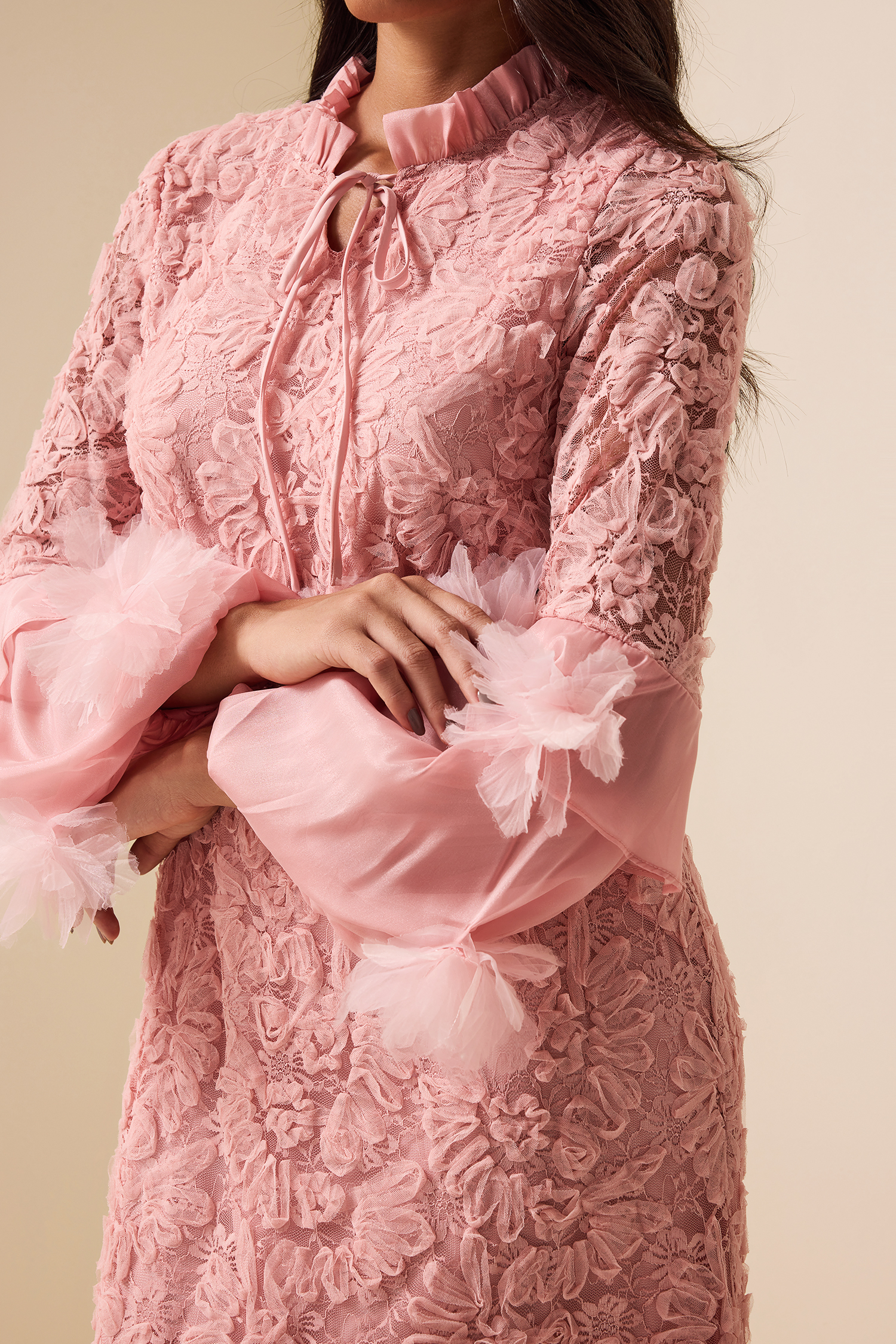 Embroidered Lace Up Long Sleeve Midi Dress