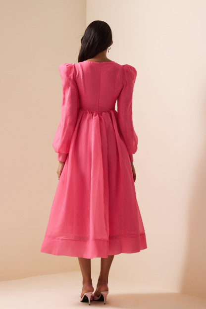 Solid Lantern Sleeve Round Neck Midi Dress