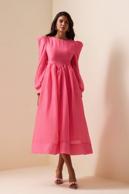 Solid Lantern Sleeve Round Neck Midi Dress