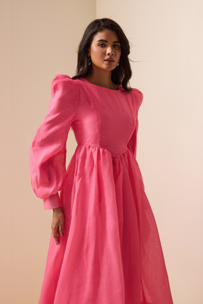 Solid Lantern Sleeve Round Neck Midi Dress