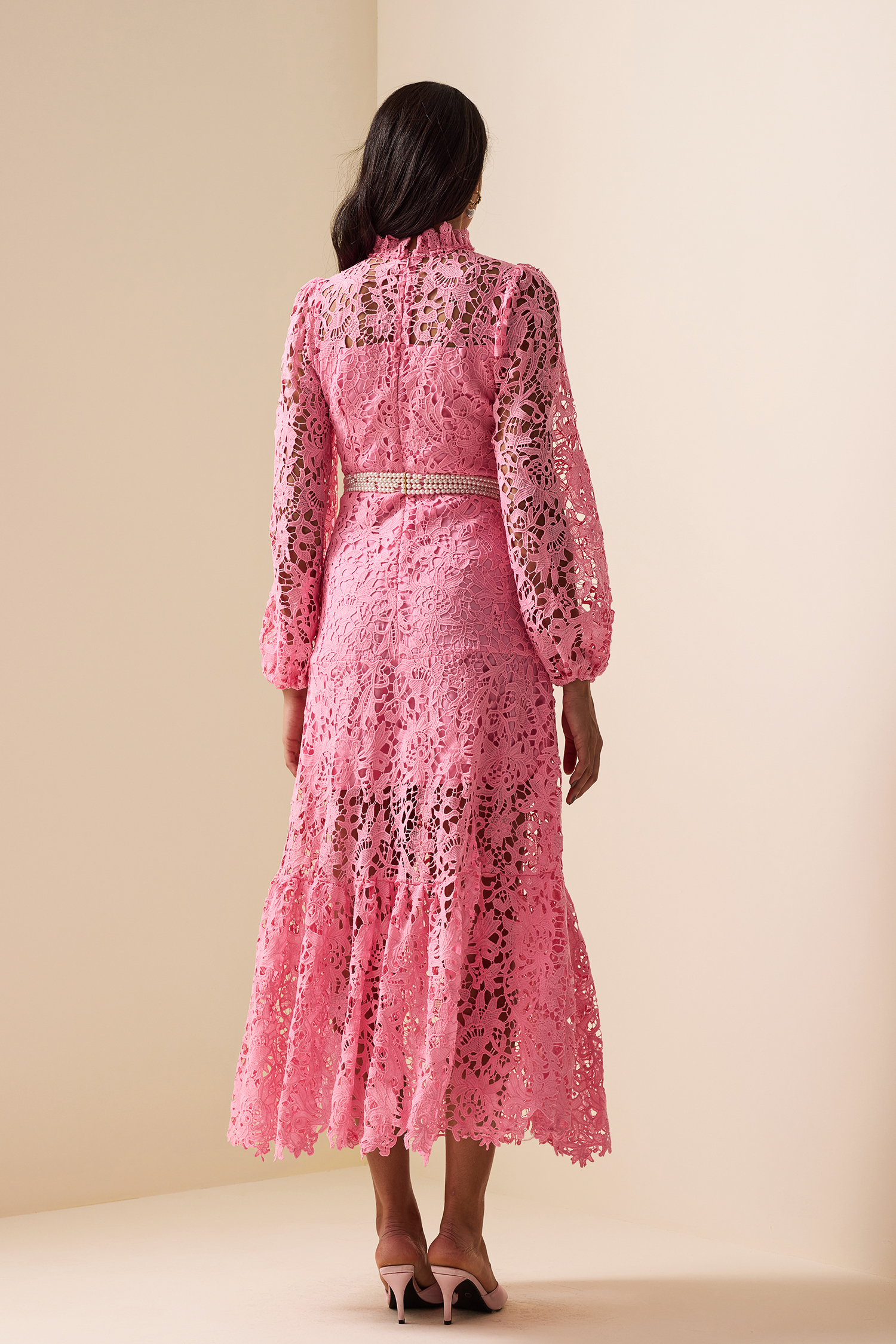 Lace Embroidered Long Sleeve Midi Dress Pink