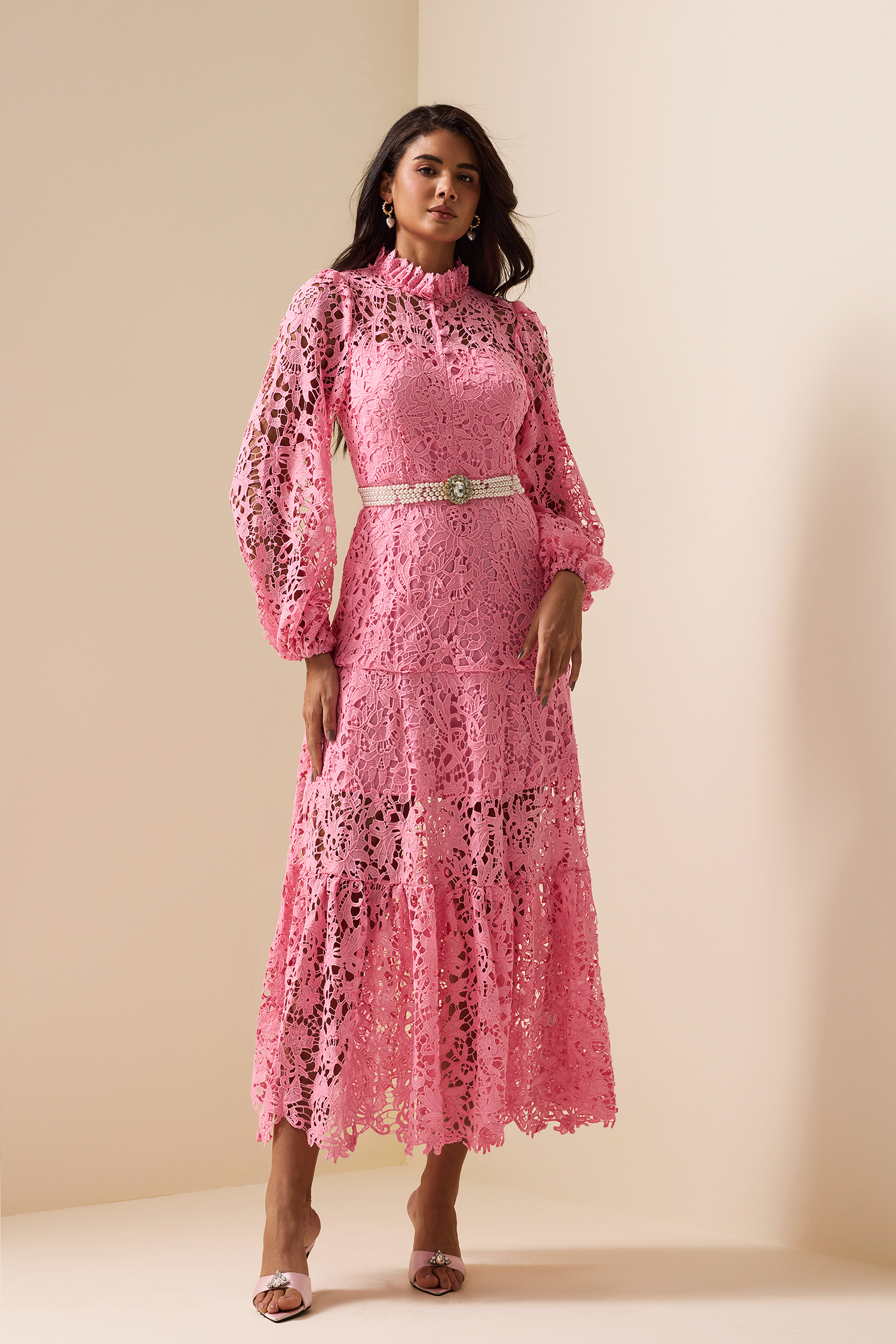Lace Embroidered Long Sleeve Midi Dress Pink