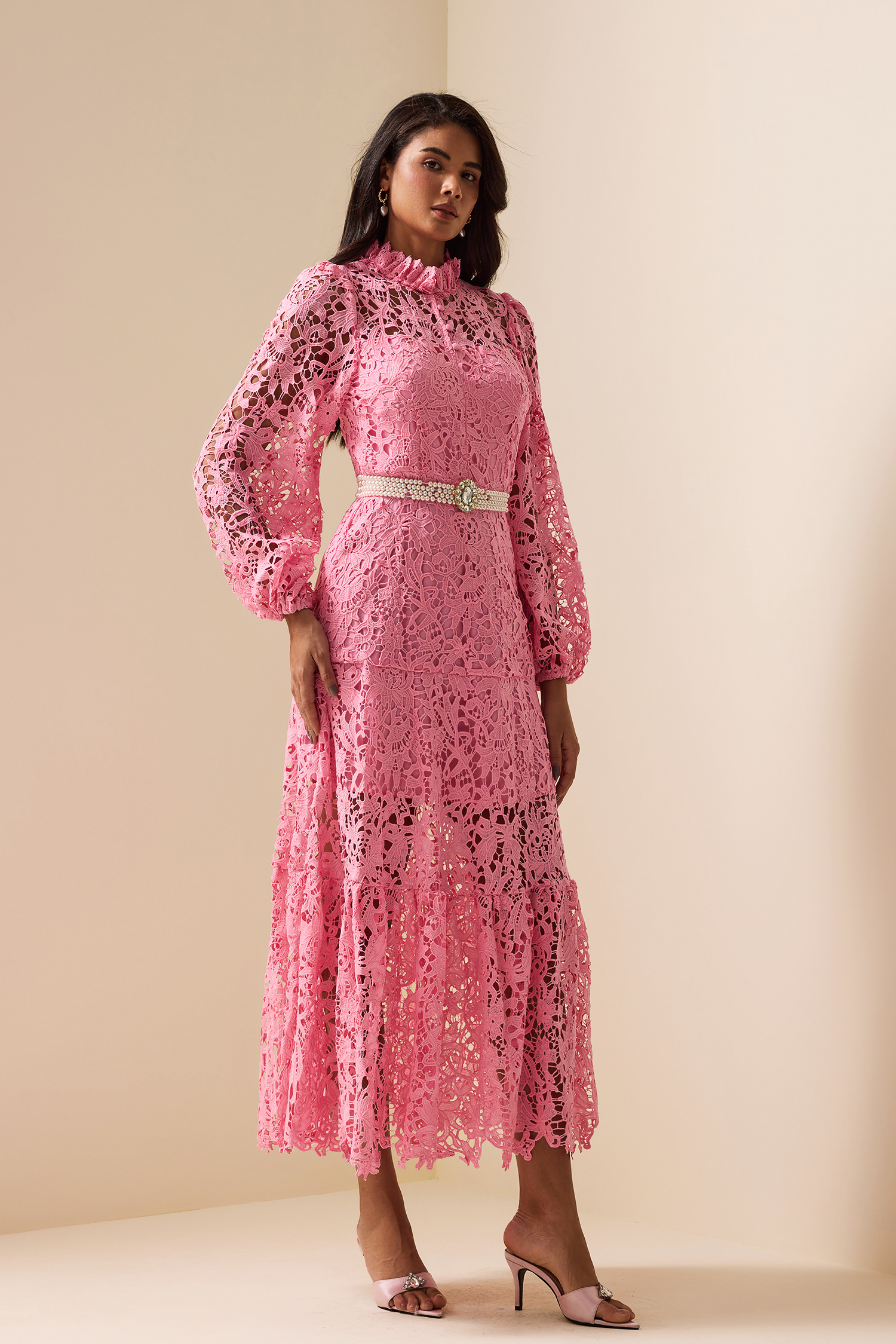 Lace Embroidered Long Sleeve Midi Dress Pink
