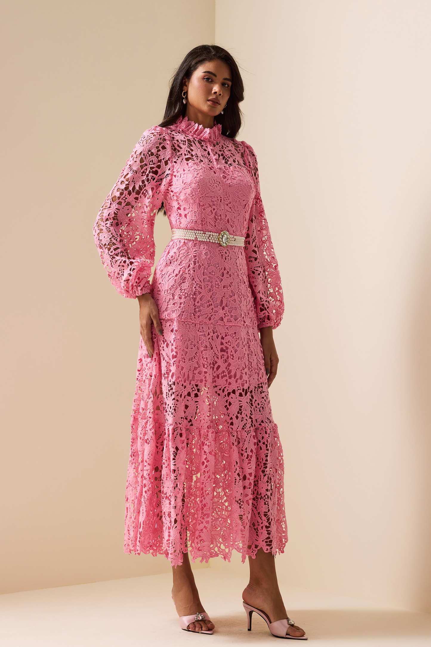 Lace Embroidered Long Sleeve Midi Dress Pink