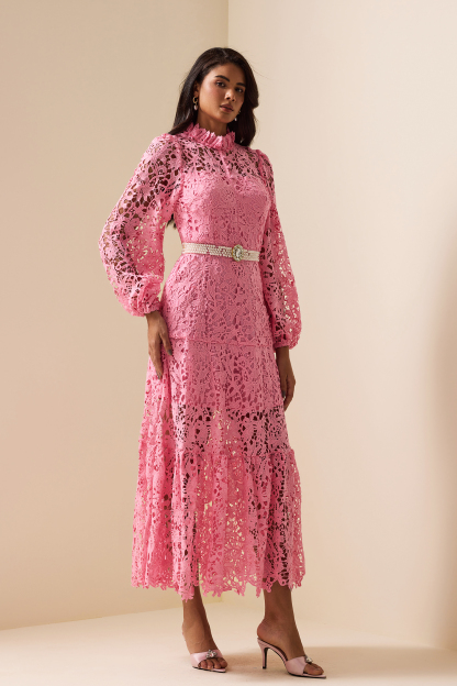 Lace Embroidered Long Sleeve Midi Dress Pink