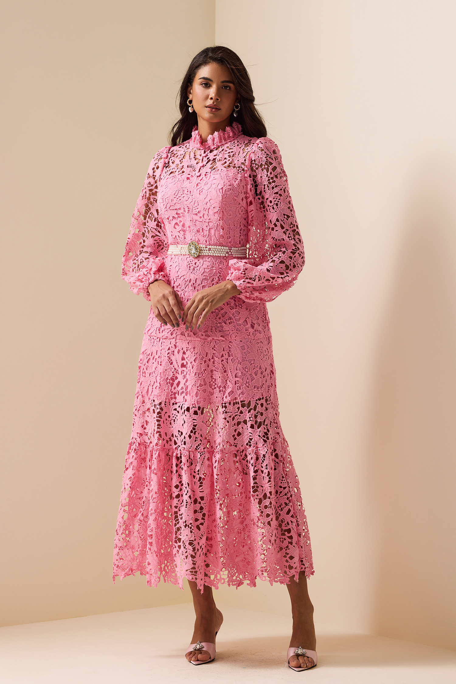 Lace Embroidered Long Sleeve Midi Dress Pink