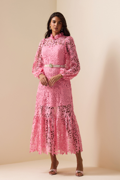 Lace Embroidered Long Sleeve Midi Dress Pink