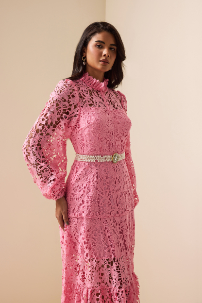 Lace Embroidered Long Sleeve Midi Dress Pink