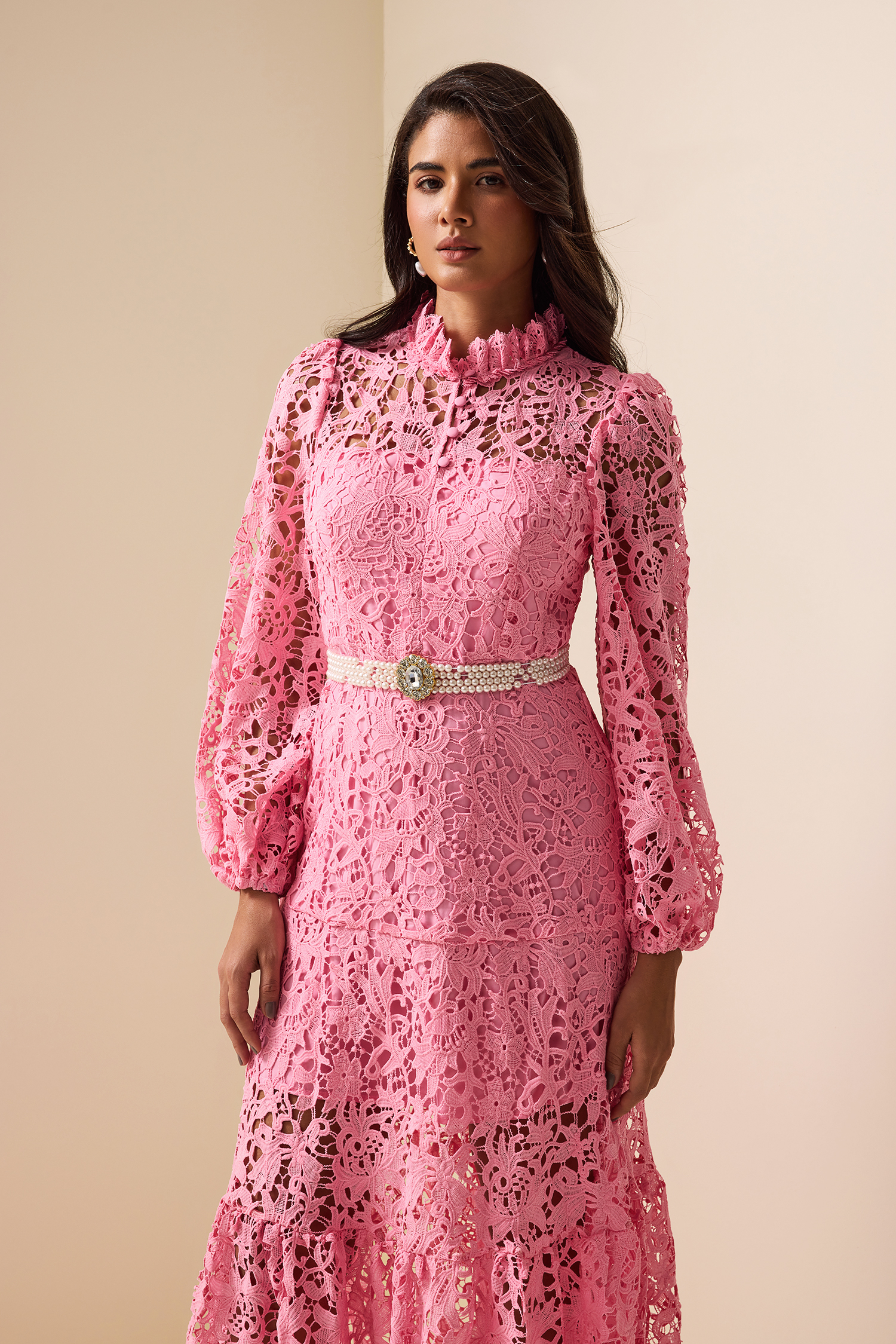 Lace Embroidered Long Sleeve Midi Dress Pink