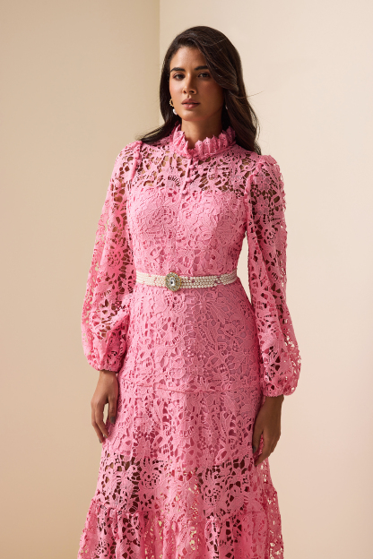 Lace Embroidered Long Sleeve Midi Dress Pink