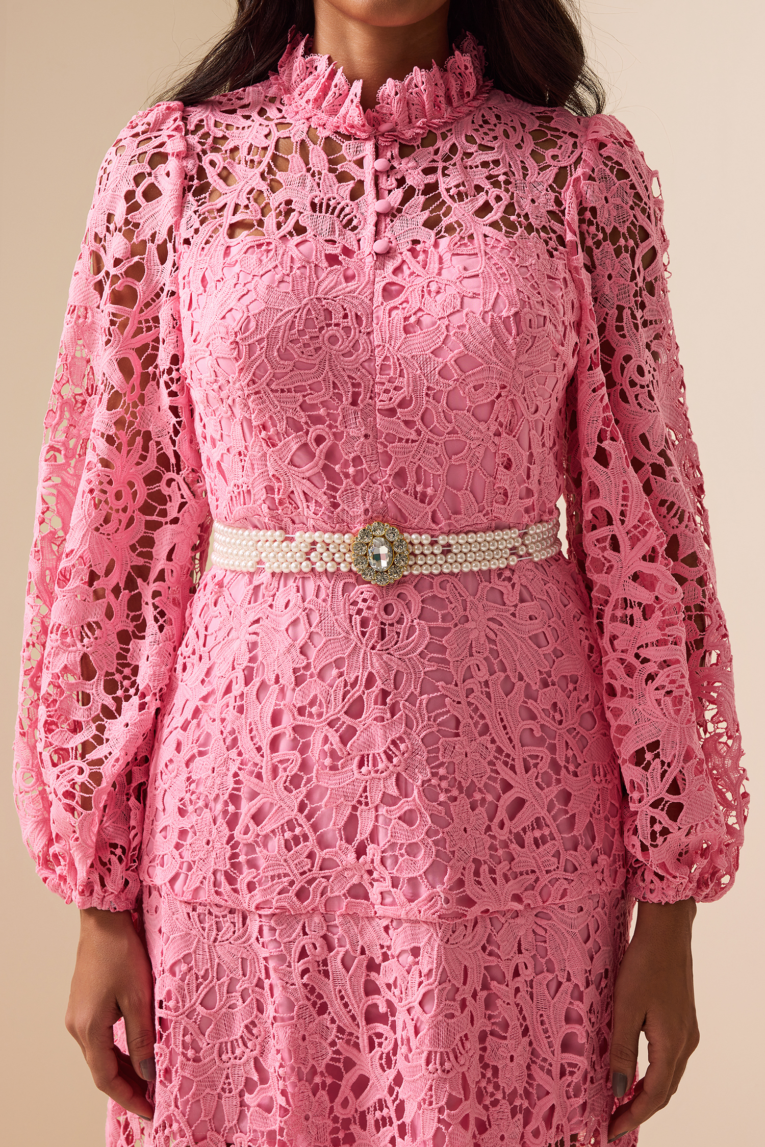 Lace Embroidered Long Sleeve Midi Dress Pink