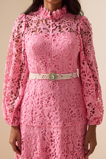 Lace Embroidered Long Sleeve Midi Dress Pink