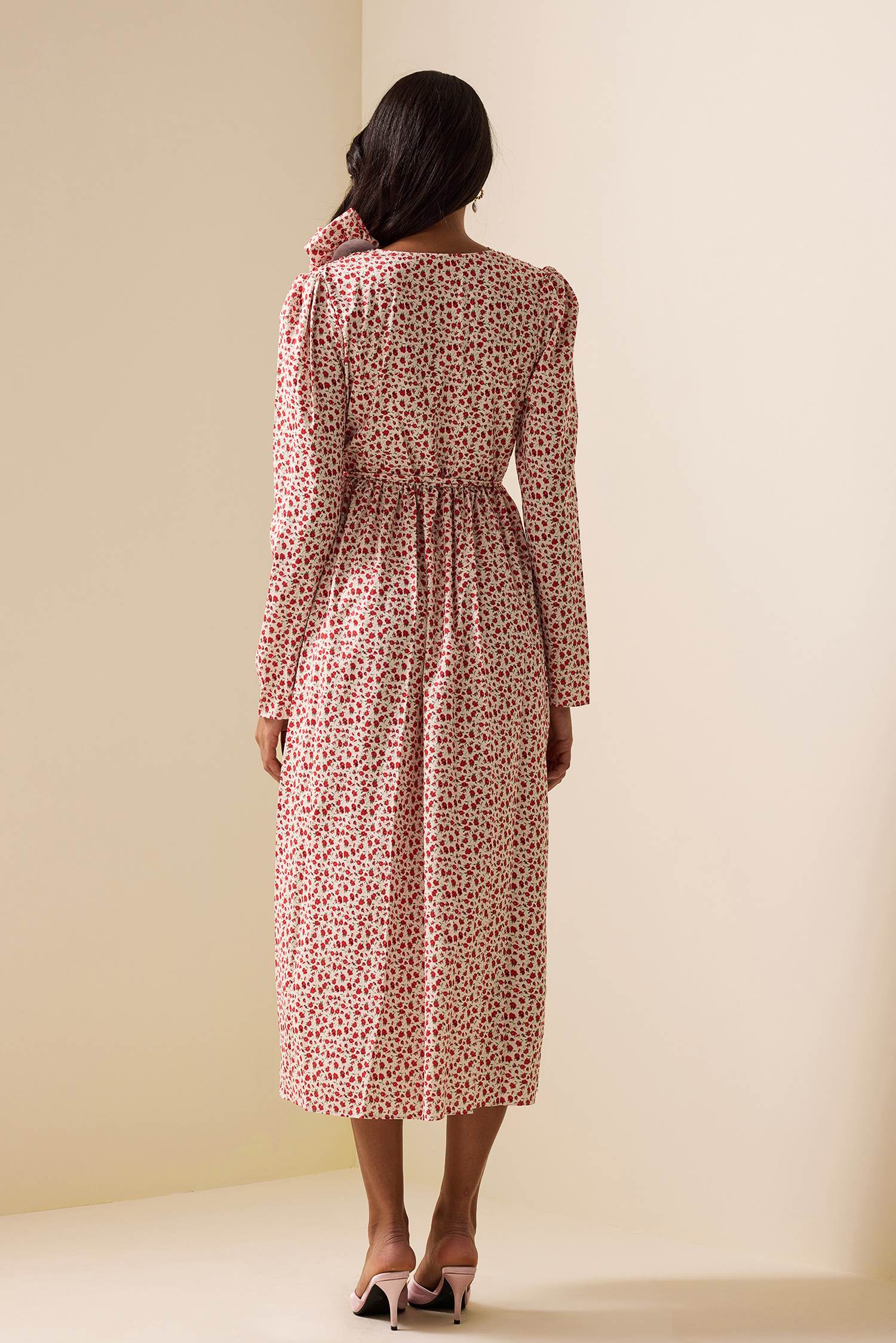 3D Floral Long Sleeve Split Midi Dress