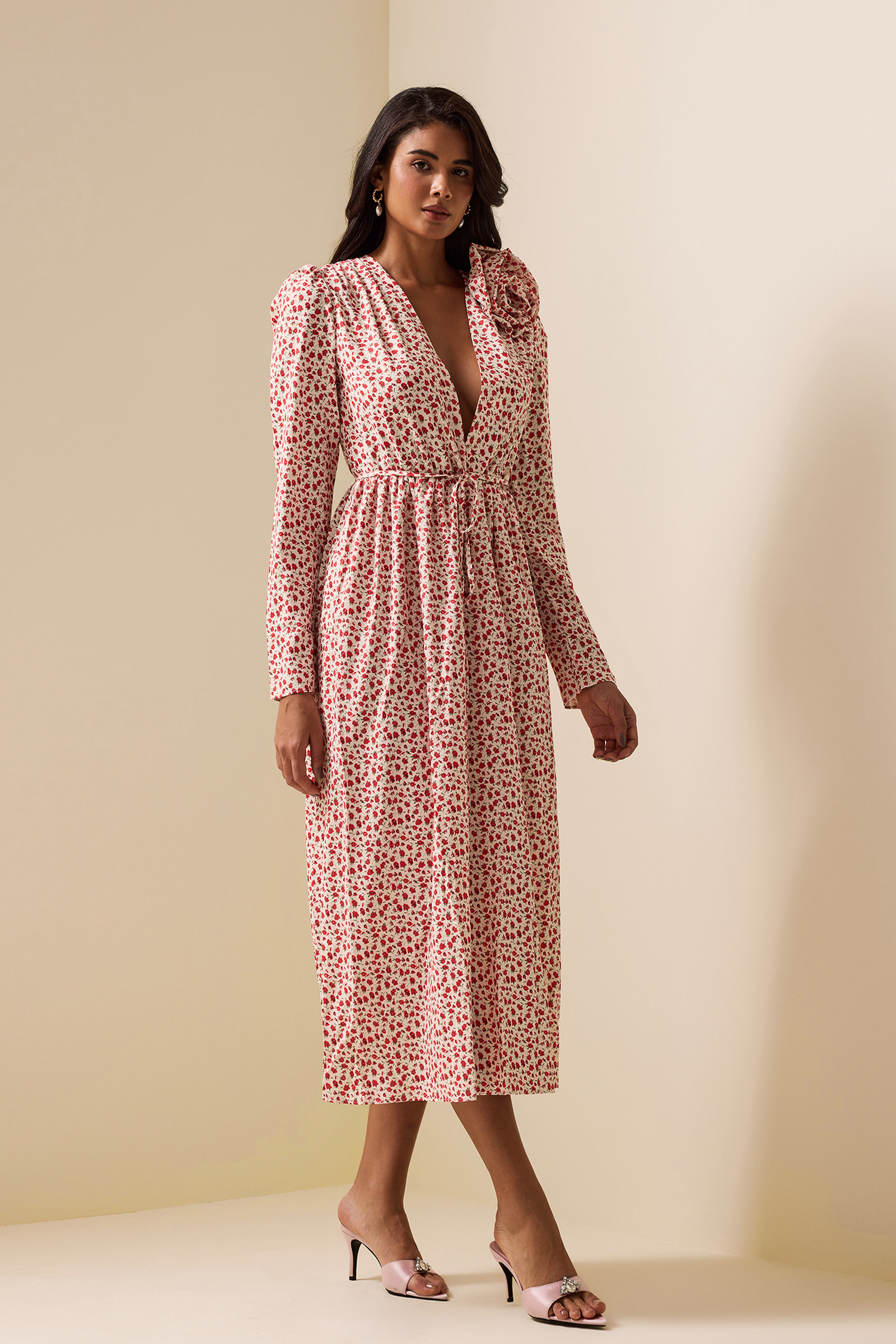 3D Floral Long Sleeve Split Midi Dress