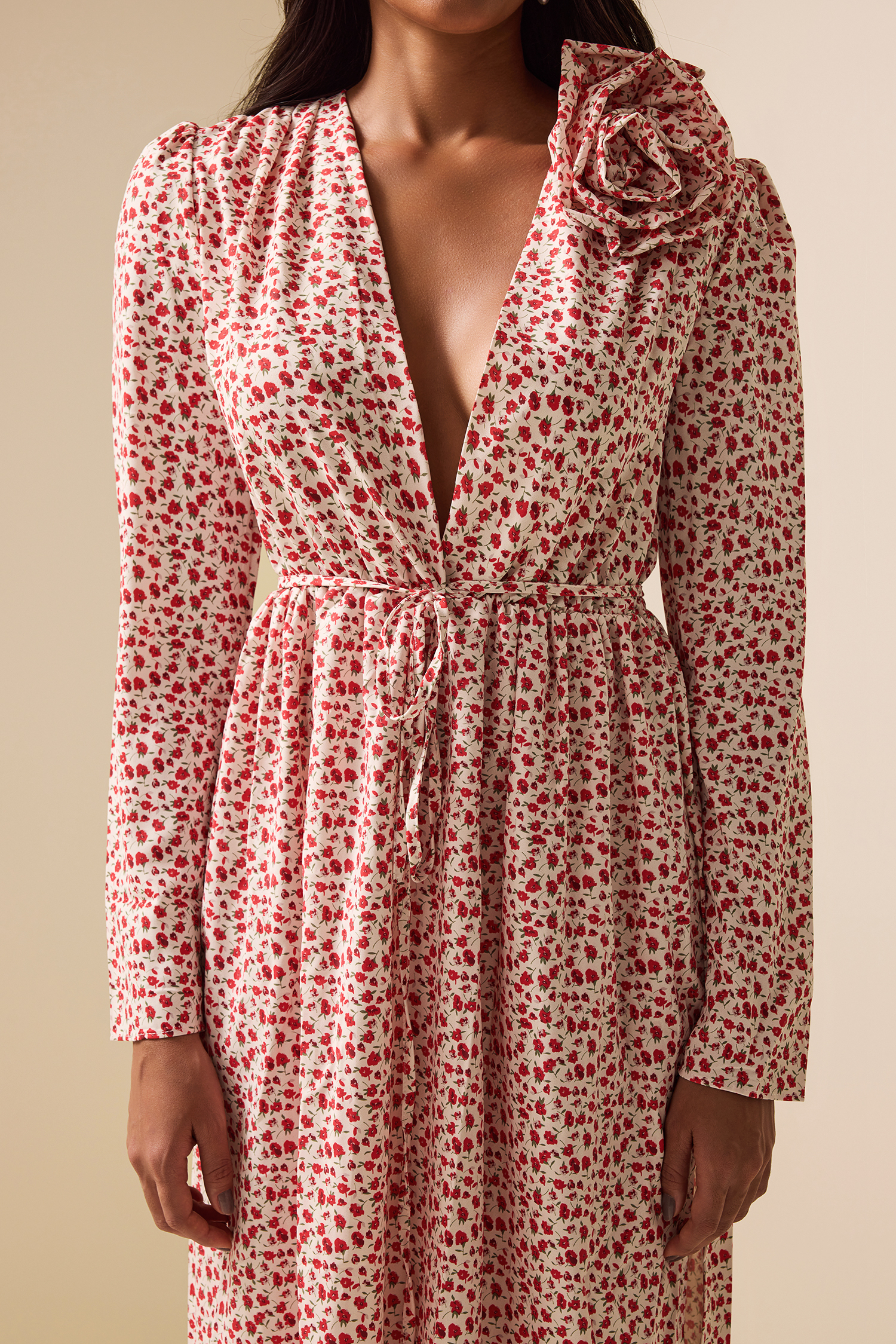 3D Floral Long Sleeve Split Midi Dress