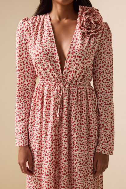 3D Floral Long Sleeve Split Midi Dress